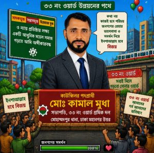 ৩৩ নং ওয়ার্ডে কাউন্সিলর পদে লড়বেন শ্রমিক দলের সভাপতি কামাল মূধা